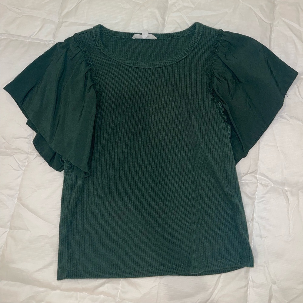 BB Dakota Dark Green Flutter Sleeve Ribbed Top